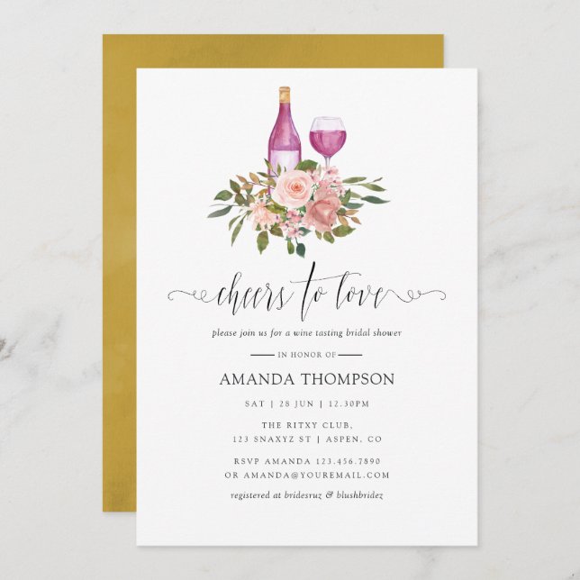 Floral Blush and Gold Bridal Shower Wine Tasting Invitation (Front/Back)