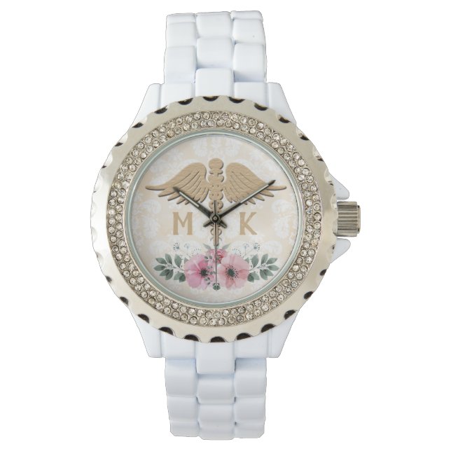 Floral Blush and Gold Doctor Monogram Watch (Front)