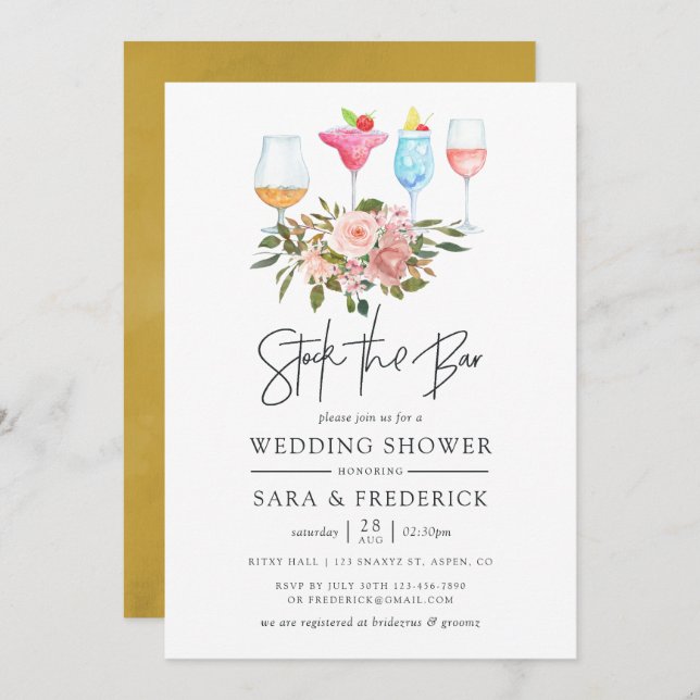 Floral Blush and Gold Stock the Bar Invitation (Front/Back)