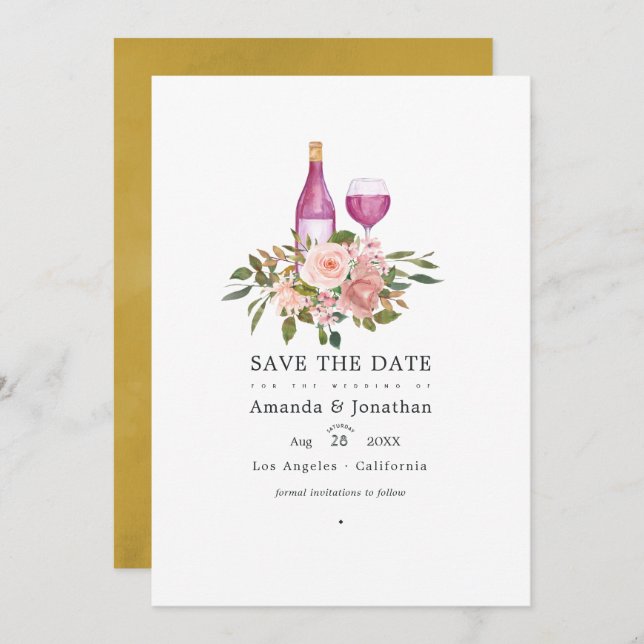 Floral Blush and Gold Wine Tasting Wedding Save The Date (Front/Back)
