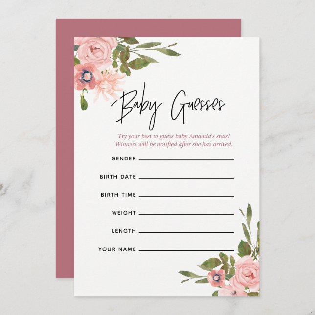 Floral Blush and Rose Gold Baby Predictions Game Invitation (Front/Back)