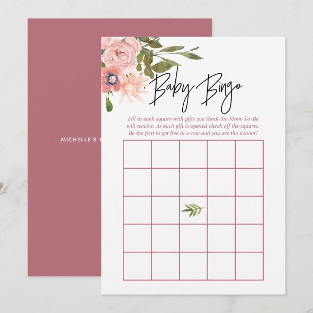 Floral Blush and Rose Gold Baby Shower Baby Bingo Invitation (Front/Back)
