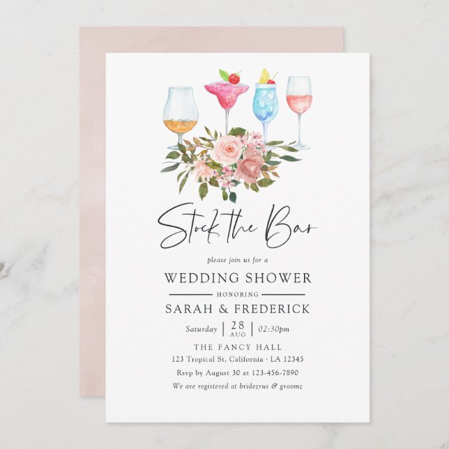 Floral Blush and Rose Gold Stock the Bar Invitation (Front/Back)