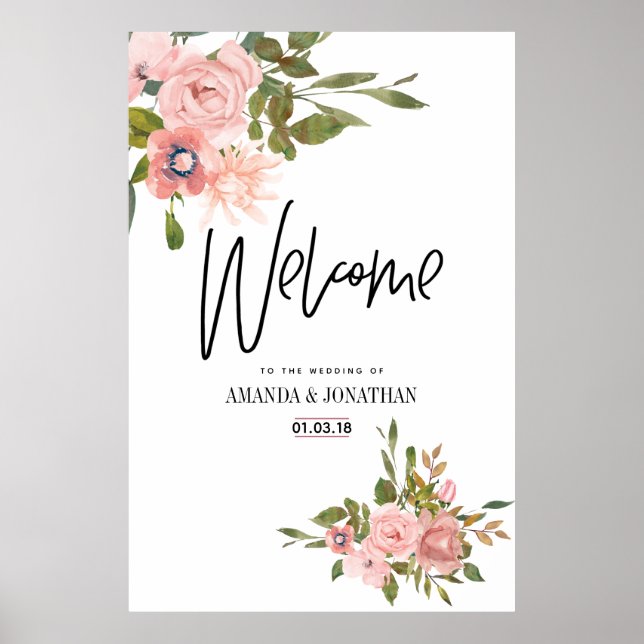 Floral Blush and Rose Gold Wedding Welcome Poster (Front)