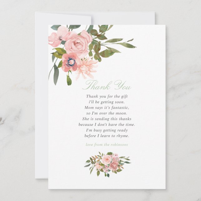 Floral Blush and Sage Baby Shower Thank You Card (Front)