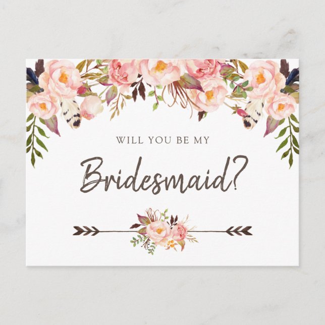 Floral Blush Boho Chic Will You Be My Bridesmaid Holiday Postcard (Front)