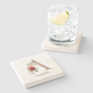 Floral blush bouquet personalised letter " A" Stone Coaster
