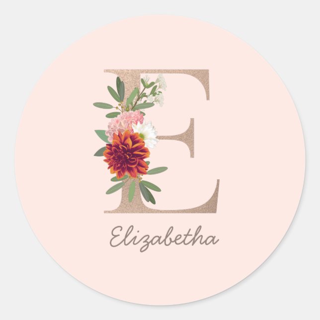 Floral blush bouquet personalised letter " E" Classic Round Sticker (Front)