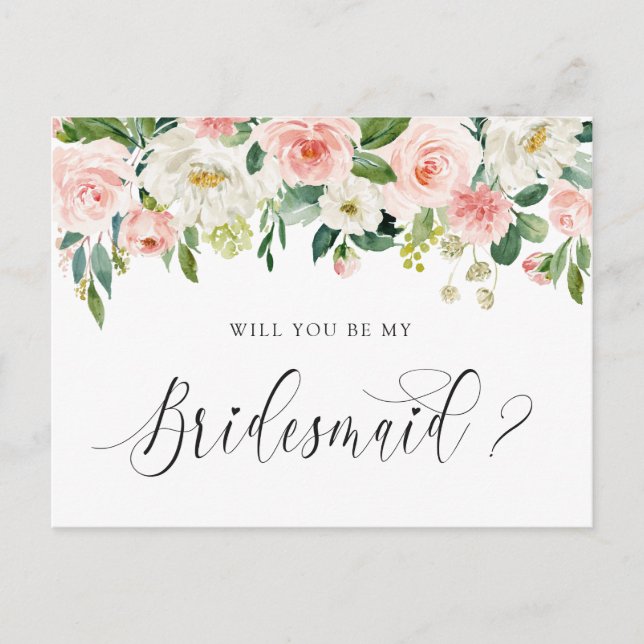 Floral Blush Bouquet Will You Be My Bridesmaid Holiday Postcard (Front)