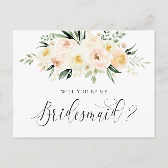 Floral Blush Bouquet Will You Be My Bridesmaid Holiday Postcard (Front)