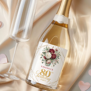 Floral Blush Burgundy 80th Birthday Champagne Labe Sparkling Wine Label
