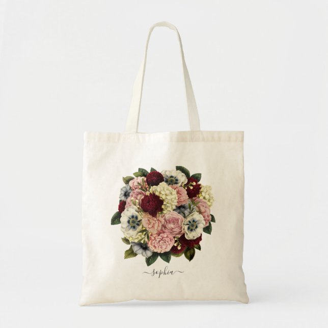 Floral Blush Burgundy Botanical Personalised Tote Bag (Front)
