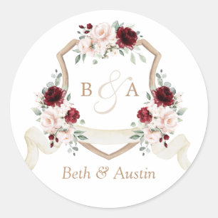 Floral Blush Burgundy Elegant Crest Envelope Classic Round Sticker