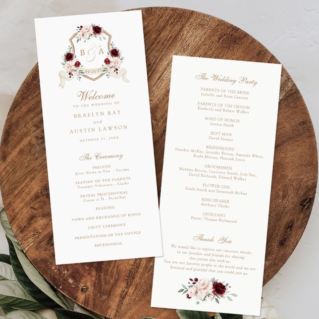 Floral Blush Burgundy Monogram Crest Wedding Program (Creator Uploaded)