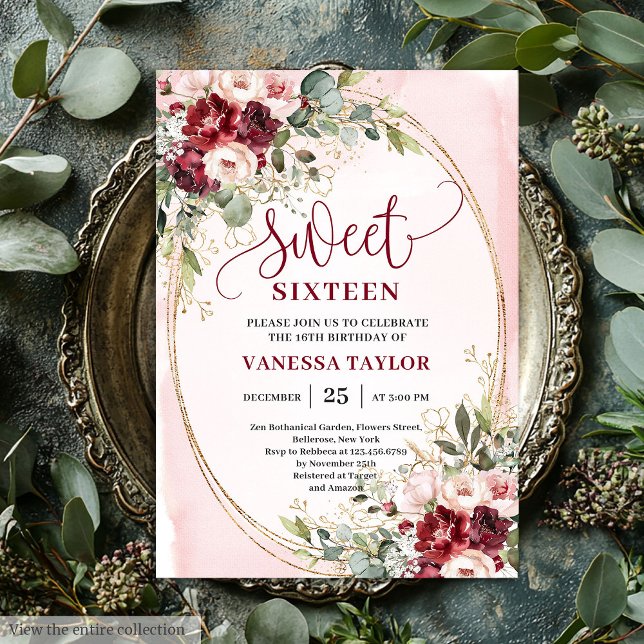 Floral Blush Burgundy Roses Sweet Sixteen Party  Invitation (Floral Blush Burgundy Roses Sweet Sixteen Party Invite

)