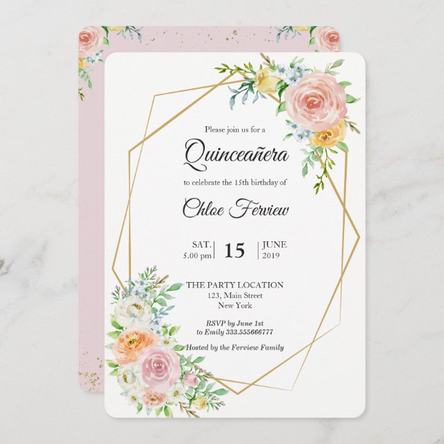 Floral blush elegant Quinceañera invitation (Front/Back)