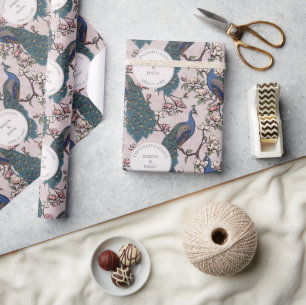 Floral Blush Engagement Peacocks Wrapping Paper