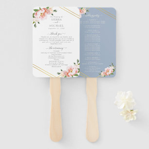 Floral Blush Gold Dusty Blue Wedding Program Hand Fan