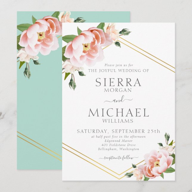 Floral Blush Gold Geometric Mint Green Wedding Invitation (Front/Back)