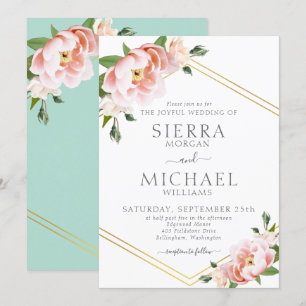 Floral Blush Gold Geometric Mint Green Wedding Invitation