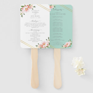 Floral Blush Gold Mint Green Wedding Program Hand Fan