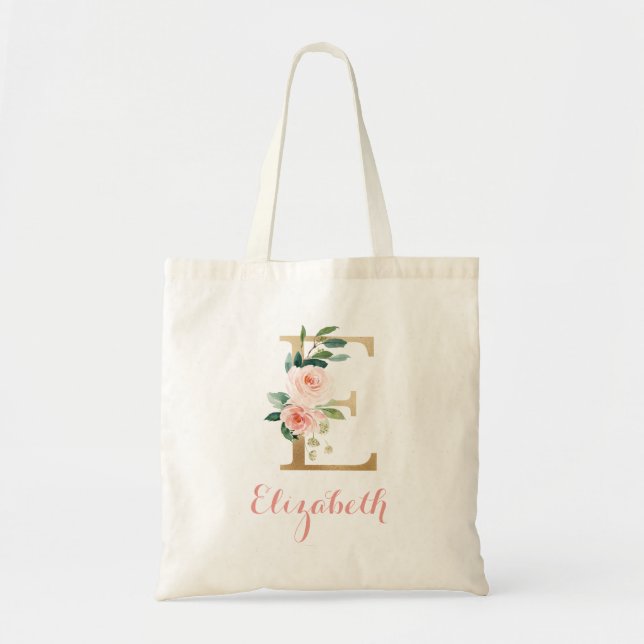 Floral Blush Gold Monogram Letter "E" Tote Bag (Front)