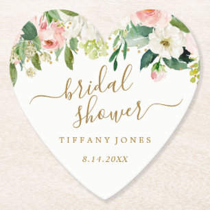 Floral Blush Gold Pink Confetti Bridal Shower Paper Coaster