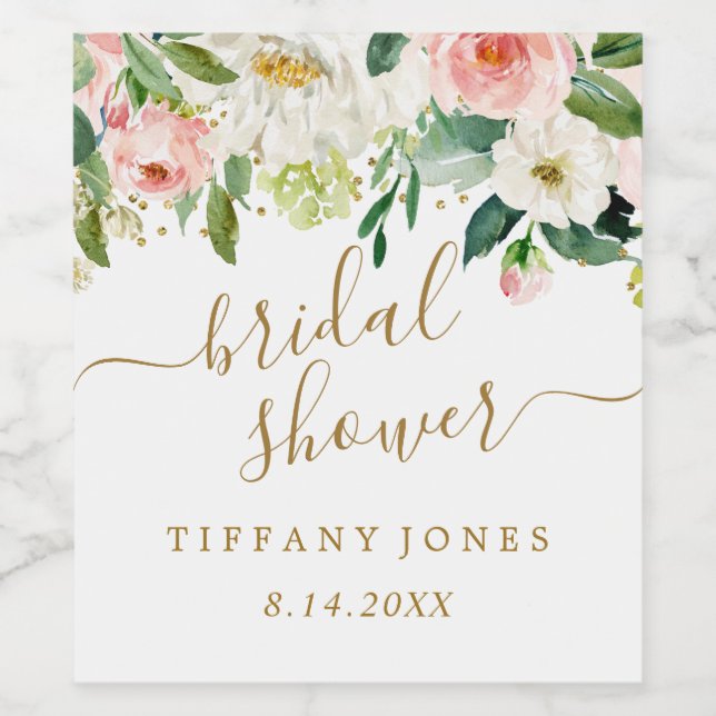 Floral Blush Gold Pink Confetti Bridal Shower Wine Label (Single Label)