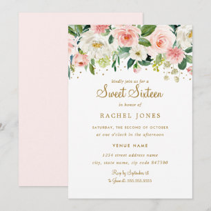 Floral Blush Gold Sweet Sixteen Invitation