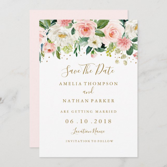 Floral Blush Gold Wedding Save The Date Invitation (Front/Back)