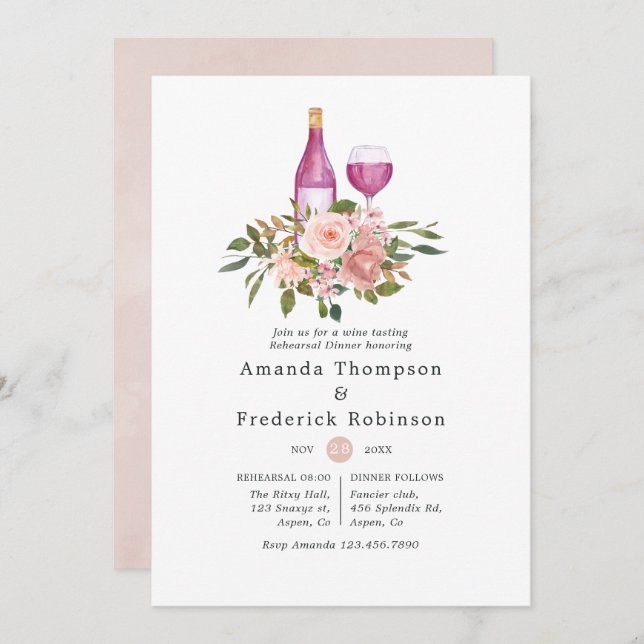 Floral Blush & Gold Wine Tasting Rehearsal Dinner Invitation (Front/Back)
