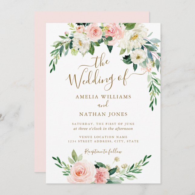 Floral Blush Gold Wreath Wedding Invitation (Front/Back)