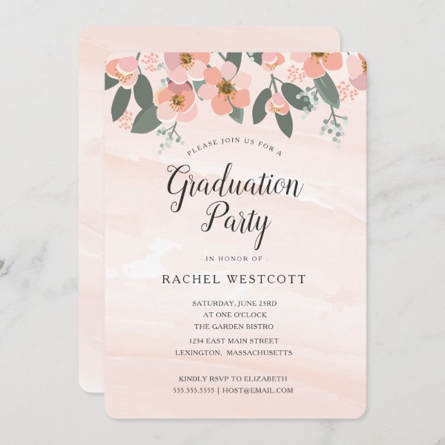 Floral Blush Graduation Party Watercolor Pink Invitation (Front/Back)