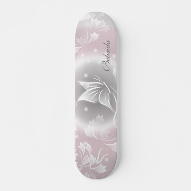 Floral Blush Grey Butterfly  Personalise  Skateboard (Front)