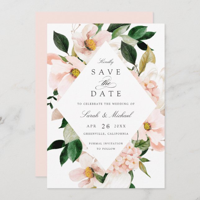 Floral Blush Magnolia Hydrangea Elegant Save Date Invitation (Front/Back)