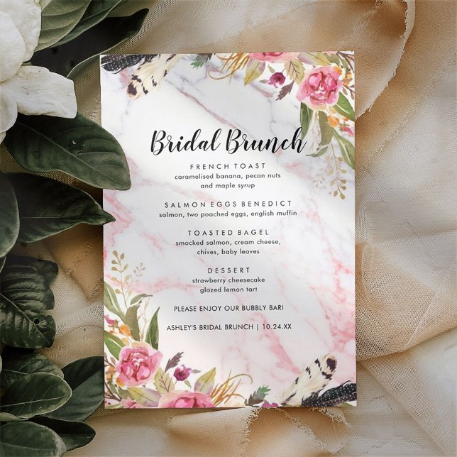 Floral Blush Marble Elegant Bridal Brunch Menu (Creator Uploaded)