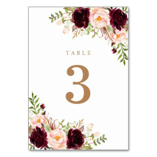 Floral Blush Merlot Burgundy Berry Greenery Modern Table Number