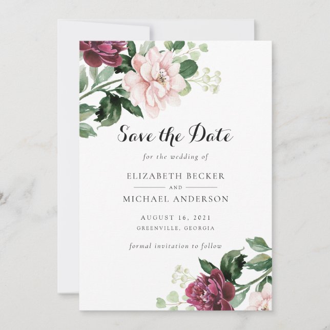 Floral Blush Merlot Greenery Elegant Save the Date Invitation (Front)
