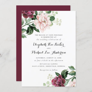 Floral Blush Merlot Greenery Elegant Wedding Invitation