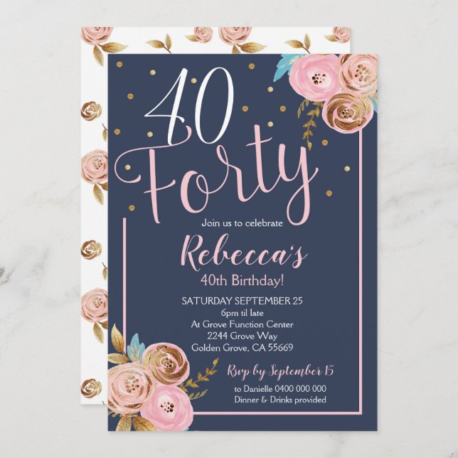Floral Blush Navy 40th Birthday Invitation 40th (Front/Back)