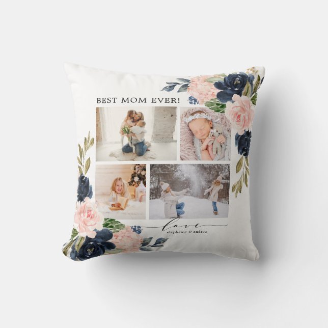 Floral Blush Navy Best Mum Photo Collage Cushion (Front)