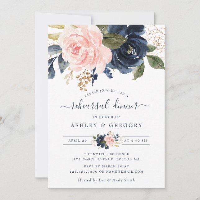 Floral Blush Navy Elegant Rehearsal Dinner Invitation (Front)