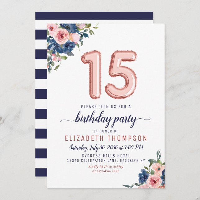 Floral Blush Navy Rose Gold Balloons 15th Birthday Invitation (Front/Back)