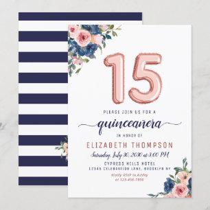 Floral Blush Navy Rose Gold Balloons Quinceañera Invitation