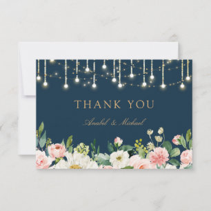 Floral Blush Navy String Lights Thank You Card