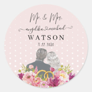 Floral Blush Peonies Trendy Script Mr. and Mrs. Classic Round Sticker