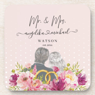 Floral Blush Peonies Trendy Script Mr. and Mrs. Coaster