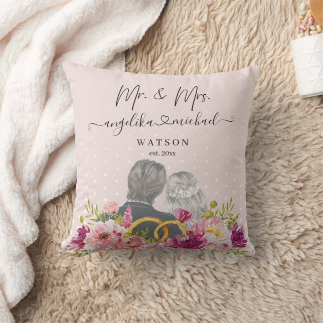 Floral Blush Peonies Trendy Script Mr. and Mrs. Cushion (Blanket)