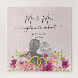 Floral Blush Peonies Trendy Script Mr. and Mrs. Jigsaw Puzzle