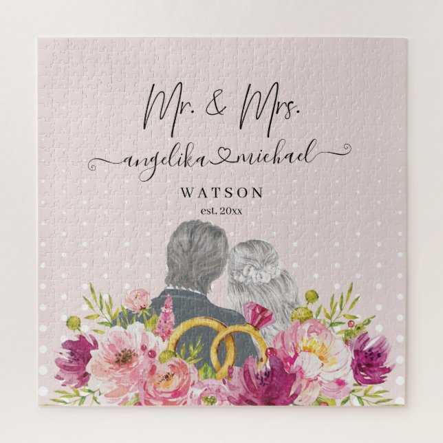 Floral Blush Peonies Trendy Script Mr. and Mrs. Jigsaw Puzzle (Vertical)